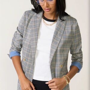 Evereve Gray Plaid Blazer with Blue Cuff Detail